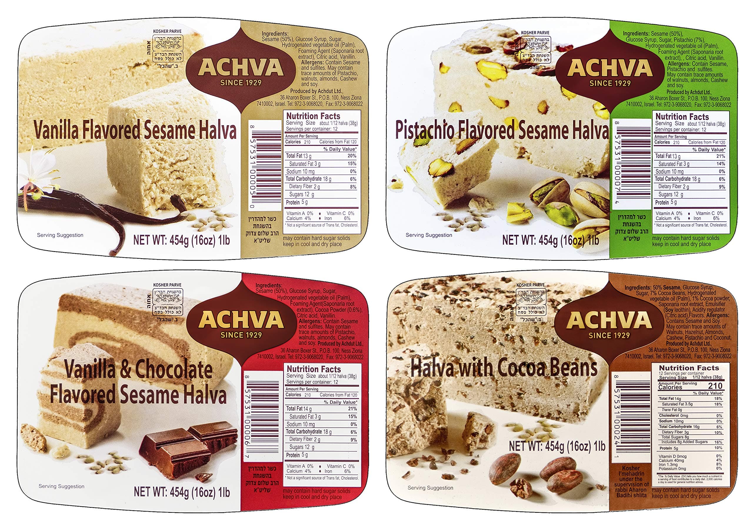 Achva Halva Cocoa Nibs, Vanilla, Marble, Pistachio Halva Variety Pack, 16oz Trays (Pack of 4 Variety, Total of 64 Oz)
