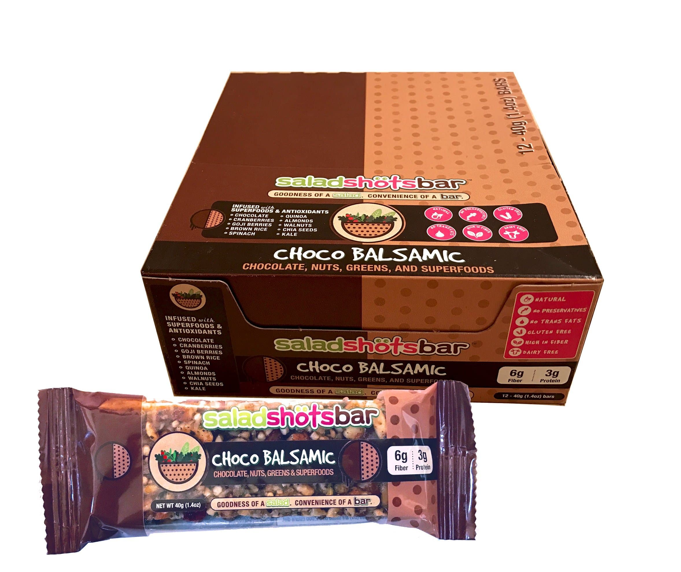 Saladshotsbar Choco Balsamic, Chocolate, Nuts and Greens Salad Nutrition Bar - 1.4oz (12 Pack)