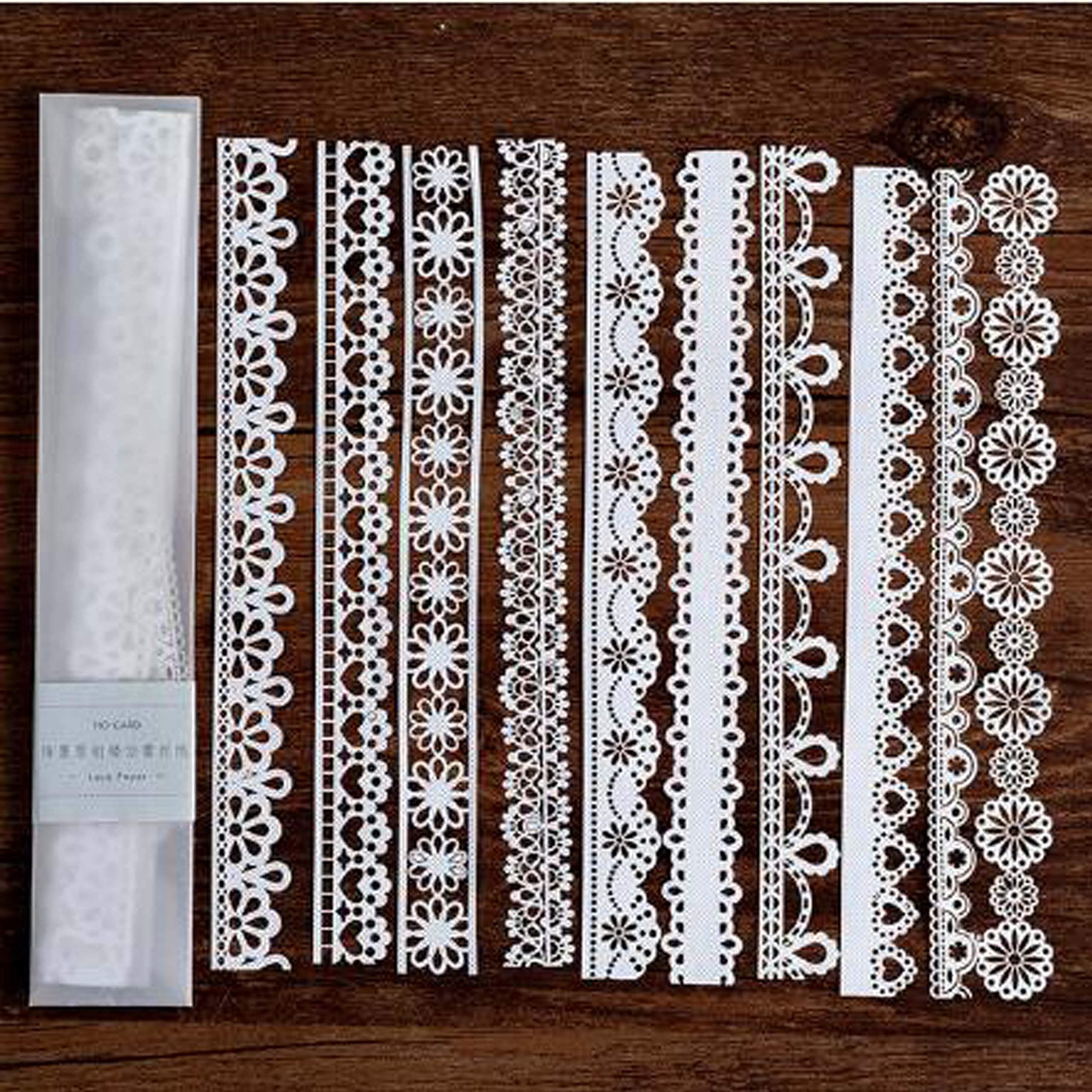 10pcs Paper Die Cuts Scrapbook Stickers, Cuttting Dies Decorative Paper Lace Butterfly Leave White Cardstock Scrapbook DIY Card Photo Frame Album Handmade Crafts Card Making (Long lace)