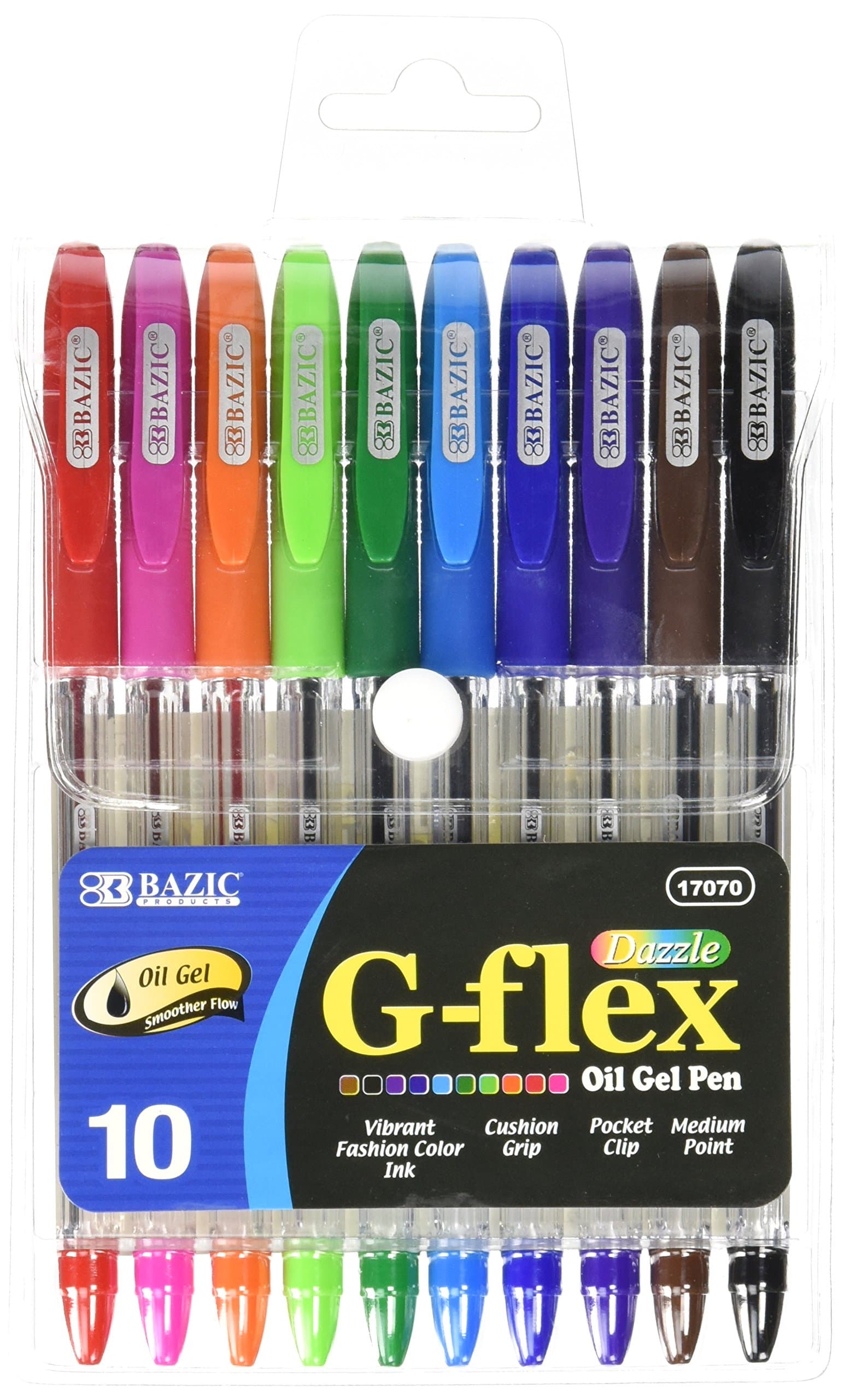 BAZIC Oil Gel Ink Pen, G-Flex Assorted 10 Color, 0.7 mm Medium Point, Soft Grip Smooth Writing, for Office School (10/Pack), 1-Pack