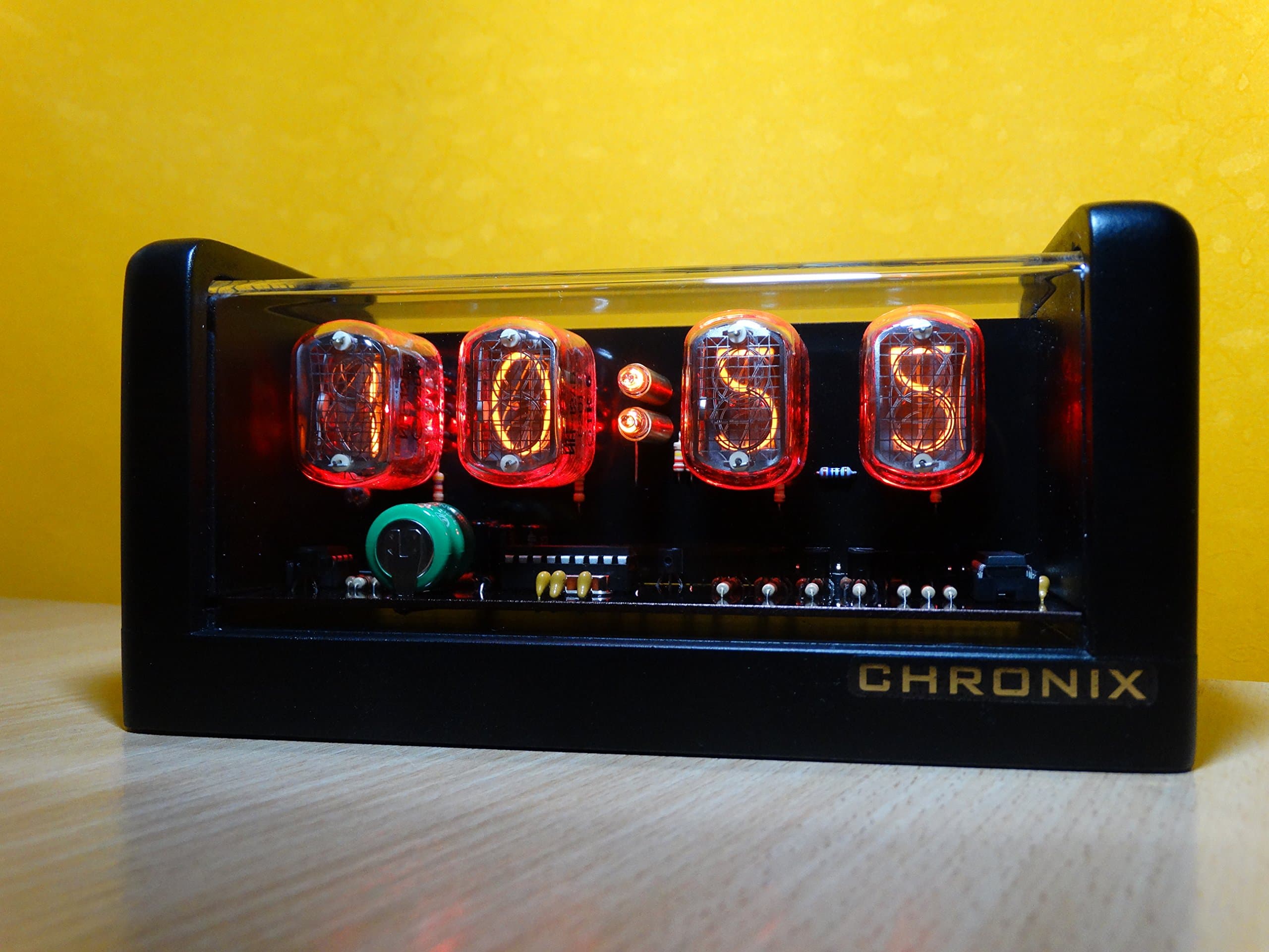 CHRONIX Vintage Nixie Tube Clock with 4xIN-12 displays & alarm & red backlight & black mat wooden case
