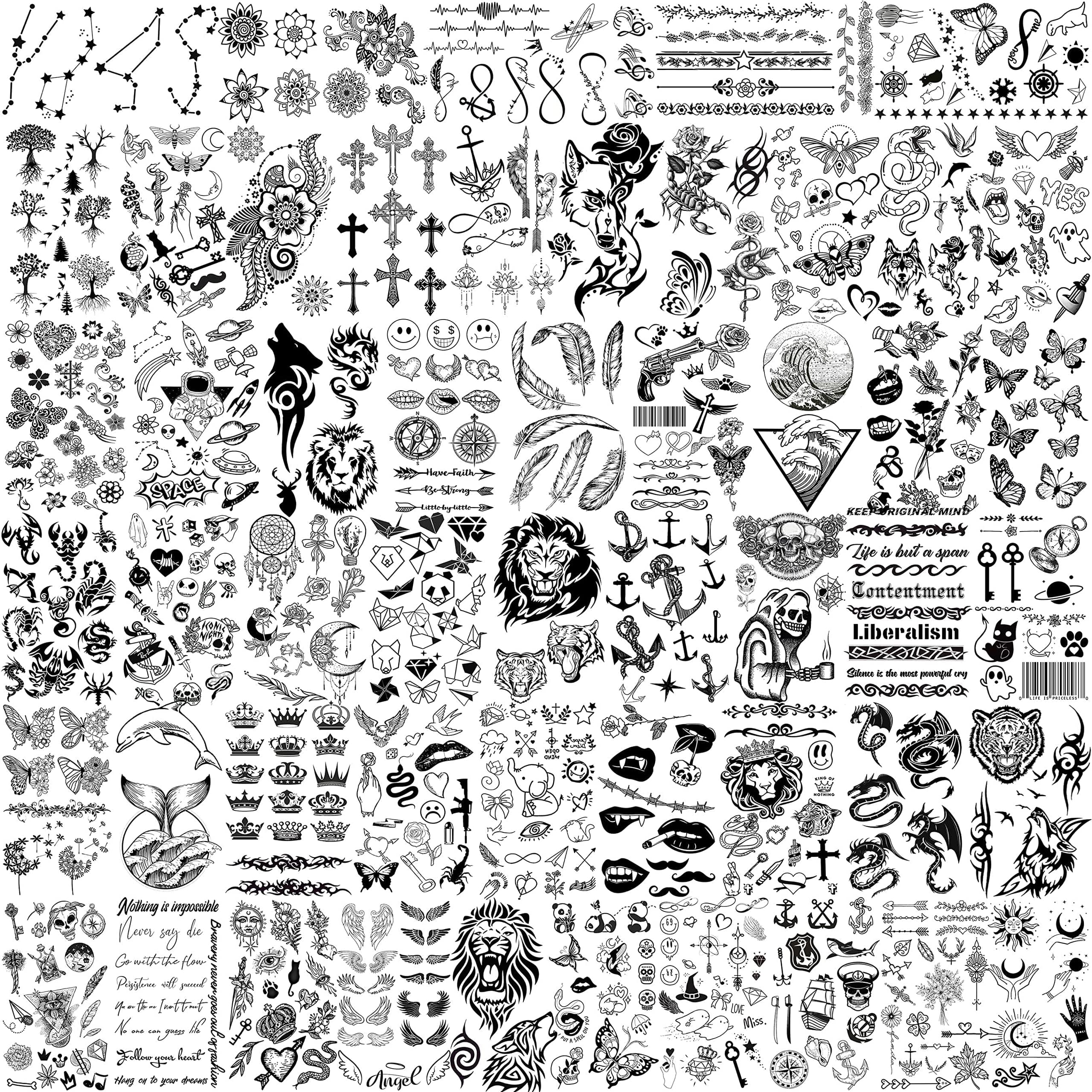 52 Sheets Tiny Small Temporary Tattoos For Kids Boys Girls, Tribal Animals Butterfly Anchor Compass Tattoo Stickers For Men Women, 3D Cute Flower Fake Face Tatoo Kits Sets For Neck Arm Hands