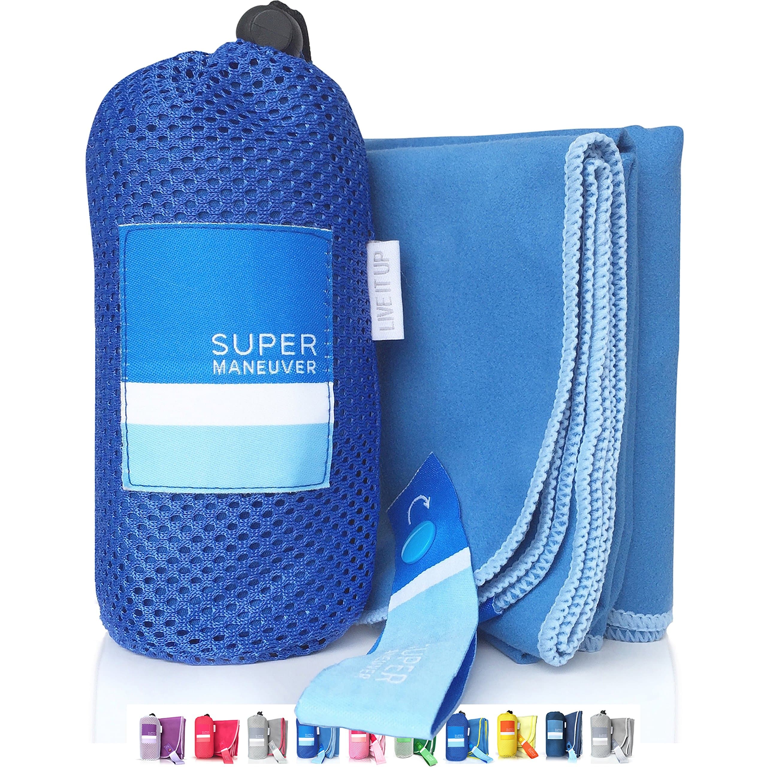 Super Towel for Sports, Travel & Beach — Lightweight, Compact, Absorbent, Quick-Dry, Soft Microfiber Suede — For the pool, bath, gym, yoga, hiking, camping & outdoors (Blue+Light Blue, M (20x40"))