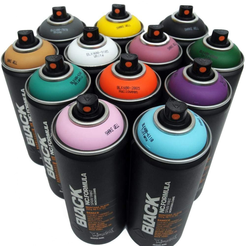 Montana BLACK 400ml Complementary Colors Set of 12 Graffiti Street Art Mural Spray Paint by Montana Black