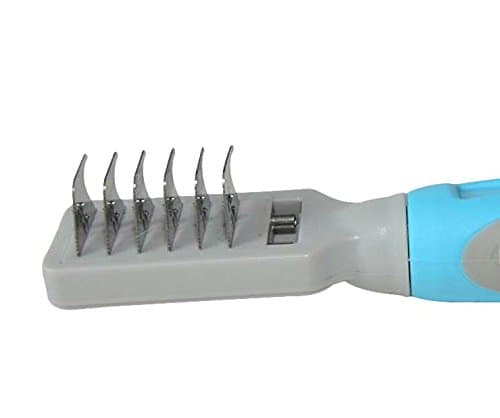 Pet Dematting Comb for Big Small Dogs Cats and Other Pets with Medium and Long Hair. Removes Most Tangles. 6-balde Stainless Steel Dematter Rake with Curved Edges for Safety. Ergonomic Rubber Grips