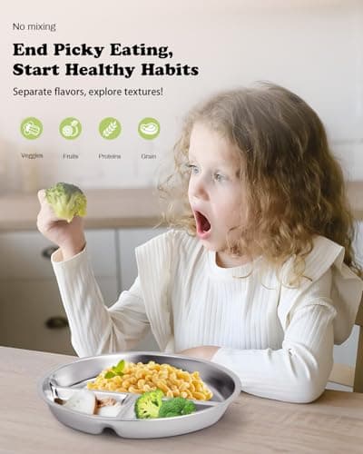 Stainless Steel Kids Plates 2 Packs, Deepened 9" Portion Control Plate Divided Plate for Toddlers Bigger Appetite, Non Toxic Unbreakable Metal Lunch Dishes