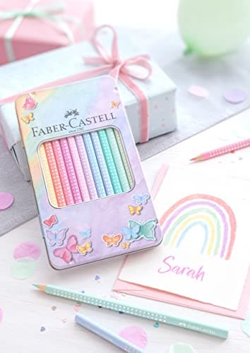 FABER-CASTELL 201910 - Sparkle Pastel Colouring Pencils Set of 12 in Metal Case, Triangular, Shatterproof