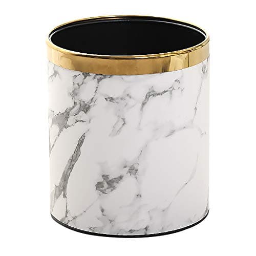 Huaqinglian Small Office Trash can Garbage can Metal Open top Wastebasket bin with Removable Gold Ring which for Hold Garbage Bag for Bathroom,Living Room,Bedroom Using (White Marble)
