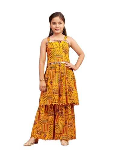 Aarika Girls Ethnic Wear Black Colour Printed/Mirror Lace Polyester Kurti Sharara Set