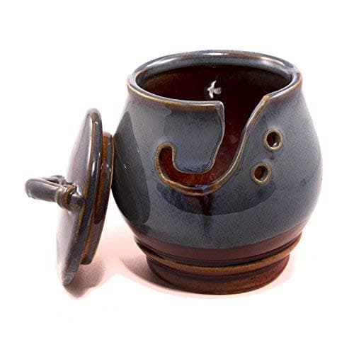Cym Handcrafted Ceramic Knitting Yarn Bowl, Decorative Blue Agate Design with Lid, 5 x 4.5 Inches