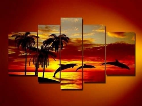 100% Hand Painted Hawaii Beach Plam Tree Sunset 5 Piece Wall Art Oil Painting Modern Art Canvas Art Gallery Wrapped Stretched and Ready to Hang