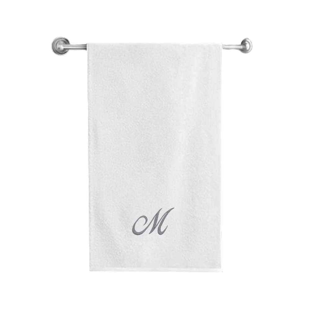 BYFT Embroidered For You (White) Luxury Monogrammed Bath Towel (70 x 140 Cm -Set of 1) 100% Cotton, Highly Absorbent and Quick dry, Classic Hotel and Spa Quality Bath Linen -600 Gsm (Silver Letter M)