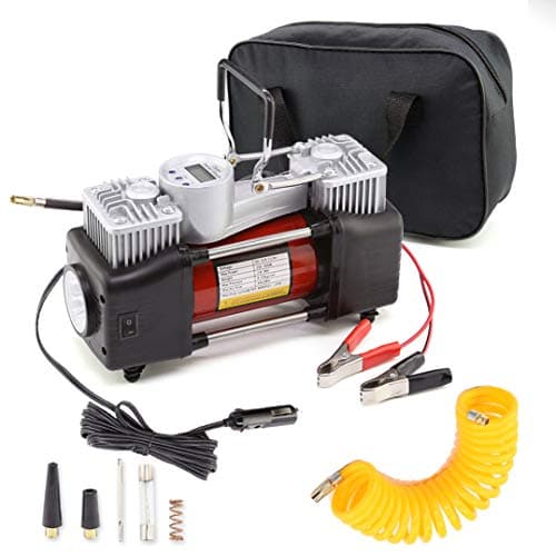 Silver Dual Cylinder Air Compressor Heavy Duty Portable Tire Inflator 12V 150PSI LCD Digital Display Gauge for Fast Pumping with LED Work Lights