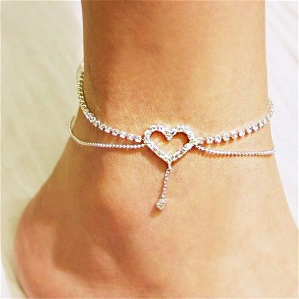 Ellepigy Women Stylish Simple Crystal Dangle Anklet Girl Charm Rhinestone Ankle Bracelet Foot Chain (Heart)