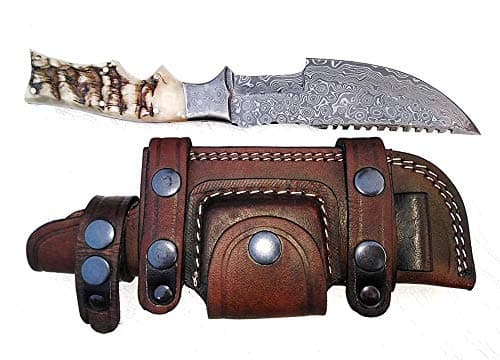 Ottoza Tracker Knife with Horizontal Carry Leather Sheath and Ram Horn Handle – Damascus Fixed Blade Hunting Knife for Survival and Outdoor Use 262