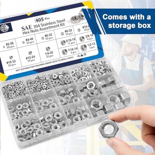 ZQZ 405 Pcs SAE Hex Nuts Assortment Kit, #2-56#4-40#6-32#8-32#10-24#10-32#12-24 1/4"-20 5/16"-18 3/8"-16 7/16"-14 1/2"-13, 304 Stainless Steel Hex Nuts Set