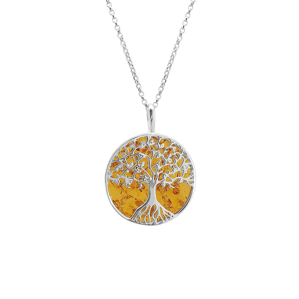 Kiara Jewellery925 Sterling Silver Amber Jewellery Large Tree Of Life Pendant Necklace Set Upon A Disc Of Brown Amber On 18" Italian Diamond Cut Rhodium Belcher Chain.