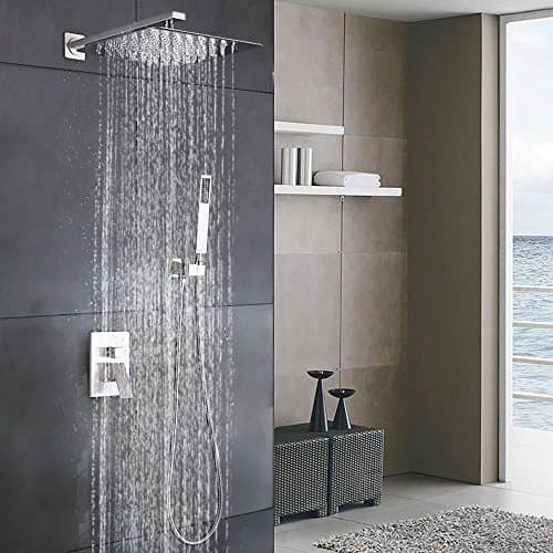 Esnbia Luxury Rain Shower Systems Wall Mounted Shower Combo Set with High Pressure 12 Inch Square Rain Shower Head and Handheld Shower Faucet Set Brushed Nickel