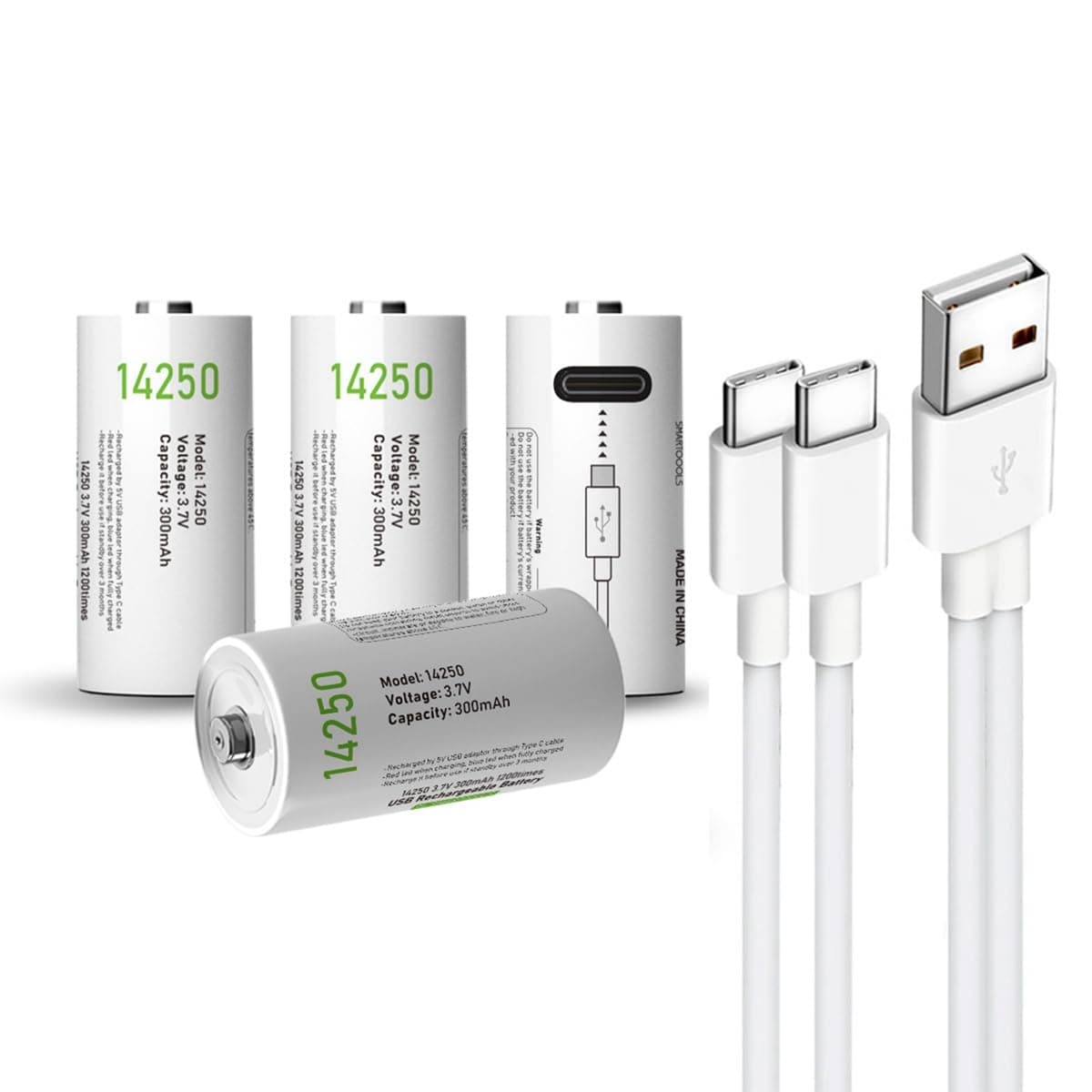 USB 14250 Lithium ion Rechargeable Battery, High Capacity 3.7V 300mAh 1/2 AA Size Rechargeable Can Replace 3.6 Volt LS14250 ER14250 CR14250 Batteries, Fast Charge with Type C Port Cable, 4-Pack