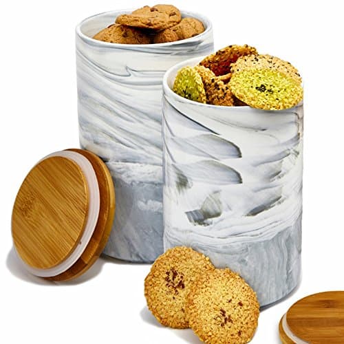 2pc Porcelain Kitchen Canister Set with Bamboo Lids Holds 8 Inches Tall Holds 60oz - Grey Marble Containers with Airtight Seal – Sugar, Coffee, Flour or Food Storage Jar - by Marbelous