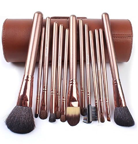 Megaga Makeup Brushes-Studio Quality Natural Cosmetic Brush Set with cup Holder Leather Case, 13 Count (Brown)