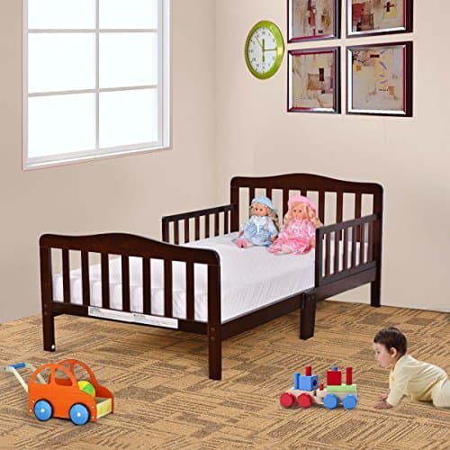 DreamHank Baby Toddler Wooden Bed with Safety Rails Sleeping Bedroom Furniture (Brown)