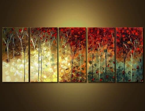 Mon Kunst 100% Hand Painted Wood Framed 5-piece Hot Sale Modern Colorful Garden Leaves For Abstract Oil Paintings Gift Canvas Wall Art Paintings For Living Room