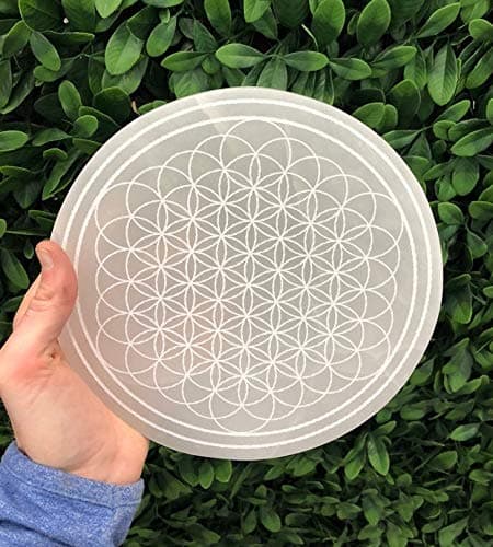 6" Circle 61 Flower of life etched Selenite Charging Plate, Sacred Geometry, Charge your crystals in style