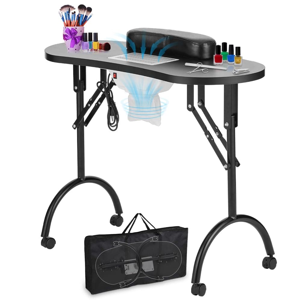 LEIBOU Professional Folding Portable Vented Beauty Manicure Table Nail Desk Salon Spa with Fan &Bag (35''x 16''x 28'') (Black)