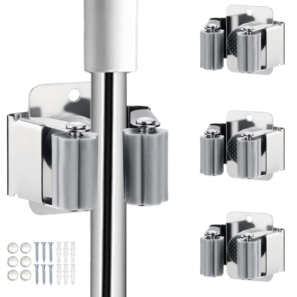 3PCS Broom and Mop Holder, Heavy Duty Garden Tool Organizer Rack Rake and Shovel Handle, Stainless Steel Mop Hanger. Wall Mounted Utility Rack with Screws, Silver.