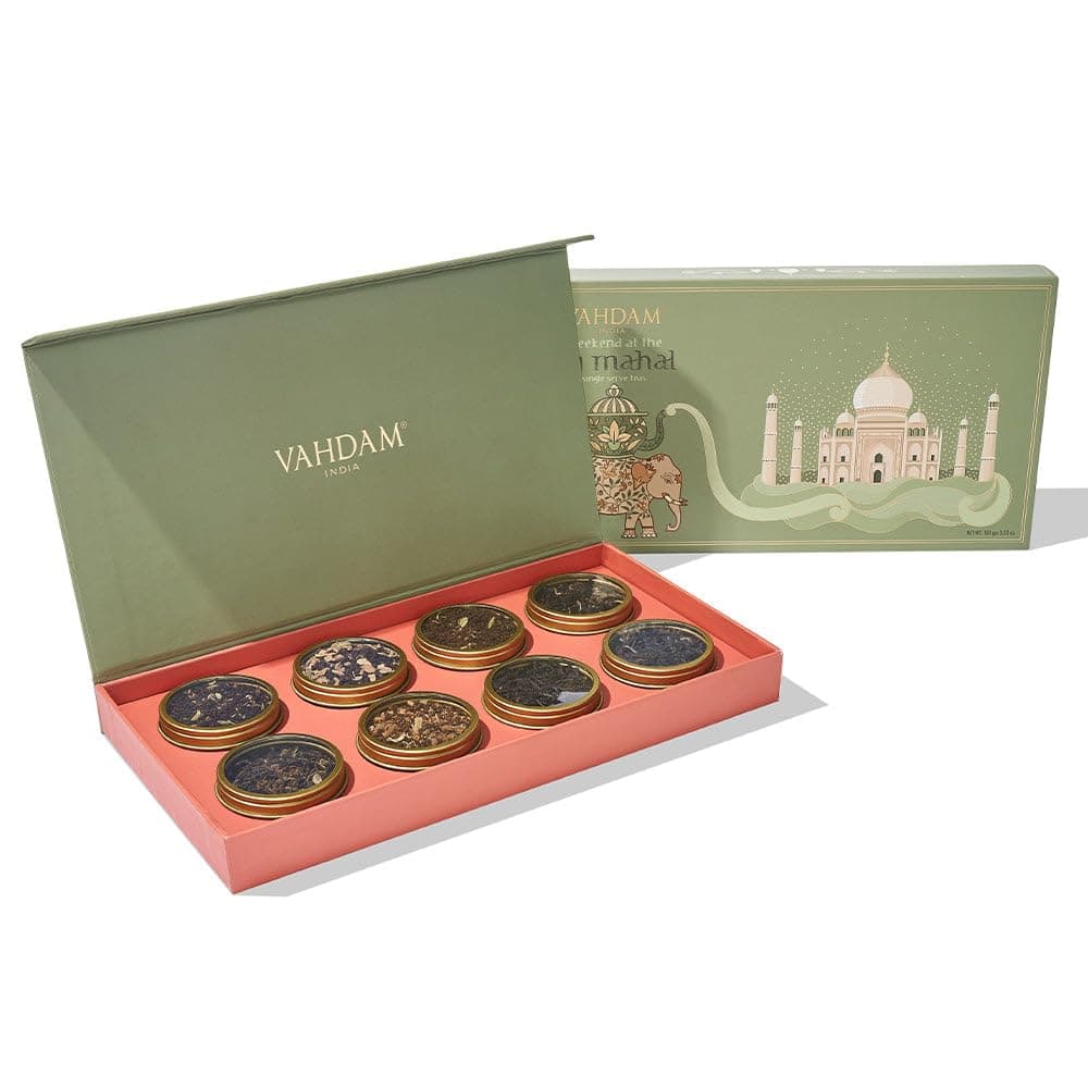 VAHDAM, Weekend In Taj Mahal Tea Gift Set Travel Edition Gift Box | 8 Varieties - Chai, Black, Herbal Tea | Gluten Free, Non GMO | Gifts for Women & Men