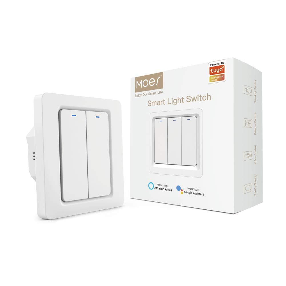 MOES WiFi Push Button Smart Light Switch No Neutral Wire Required, Compatible with Smart Life/Tuya App Remote Control, Works with Alexa Google Home for Voice Control 2 Gang