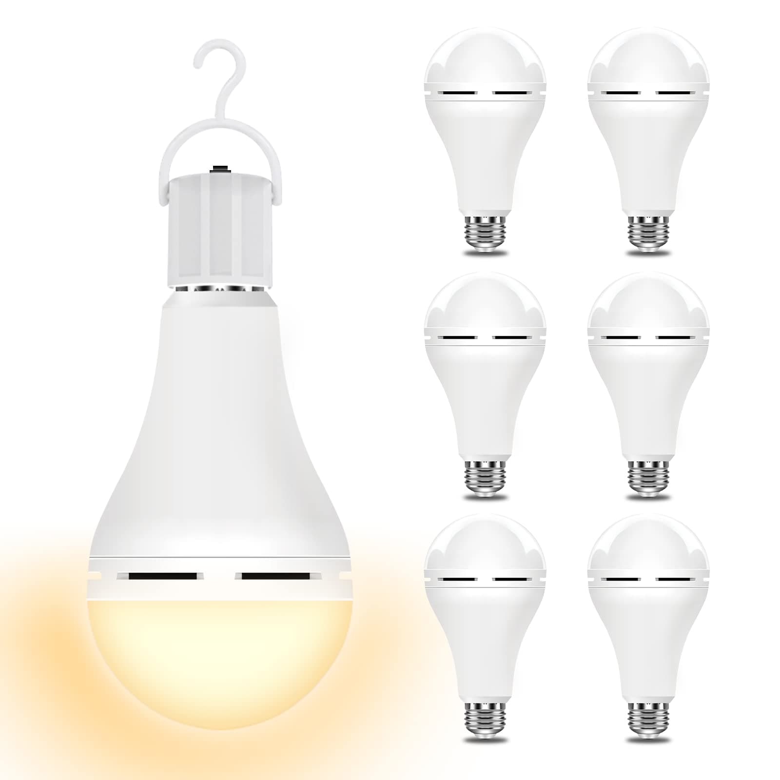Neporal3000K 6PK Emergency-Rechargeable-Light-Bulb, Stay Lights Up When Power Failure, 1200mAh15W 80W Equivalent LED Light Bulbs for Home, Camping, Tent