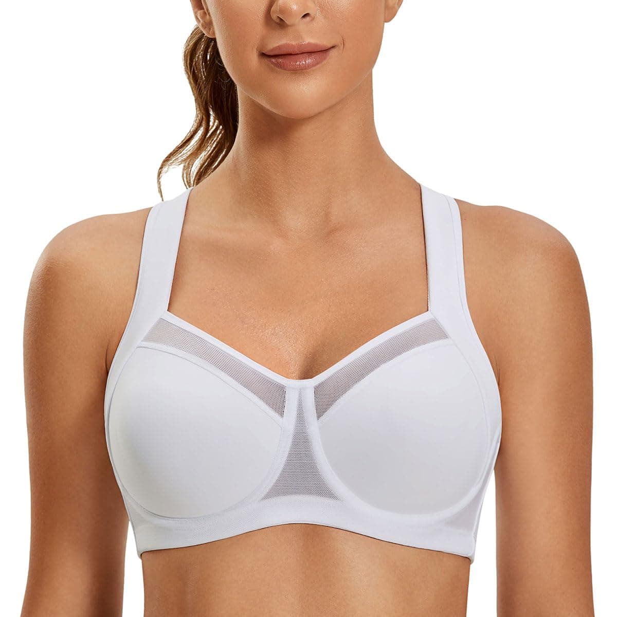 SYROKAN Women's High Impact Sports Bra Support Underwire Unlined Mesh Adjustable Racerback Bra White - A217A 32D