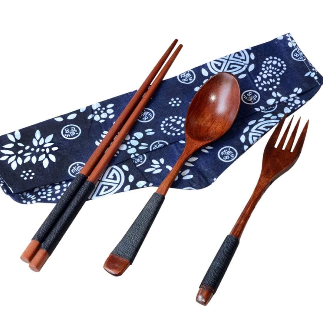 OYEFLY Japanese Wooden Chopsticks Spoon Fork Tableware 3pcs Set New Gift (Medium, Brown)