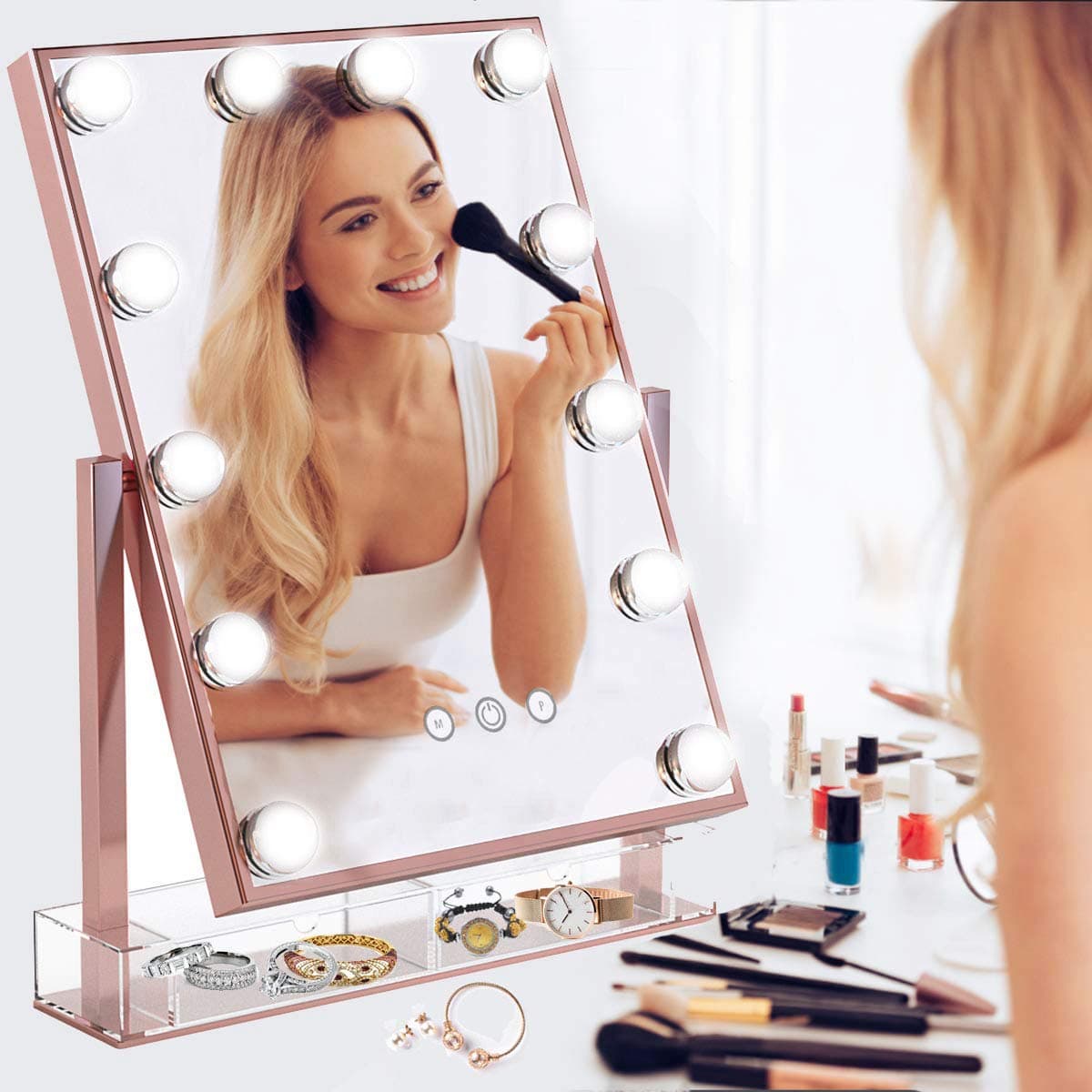 Hansong Hollywood Makeup Vanity Mirror with Lights,Plug in Light-up Professional Mirror,Removable 10x Magnification,3 Color Lighting Modes, Cosmetic Mirror with 12 Dimmable Bulbs for Dressing Desk