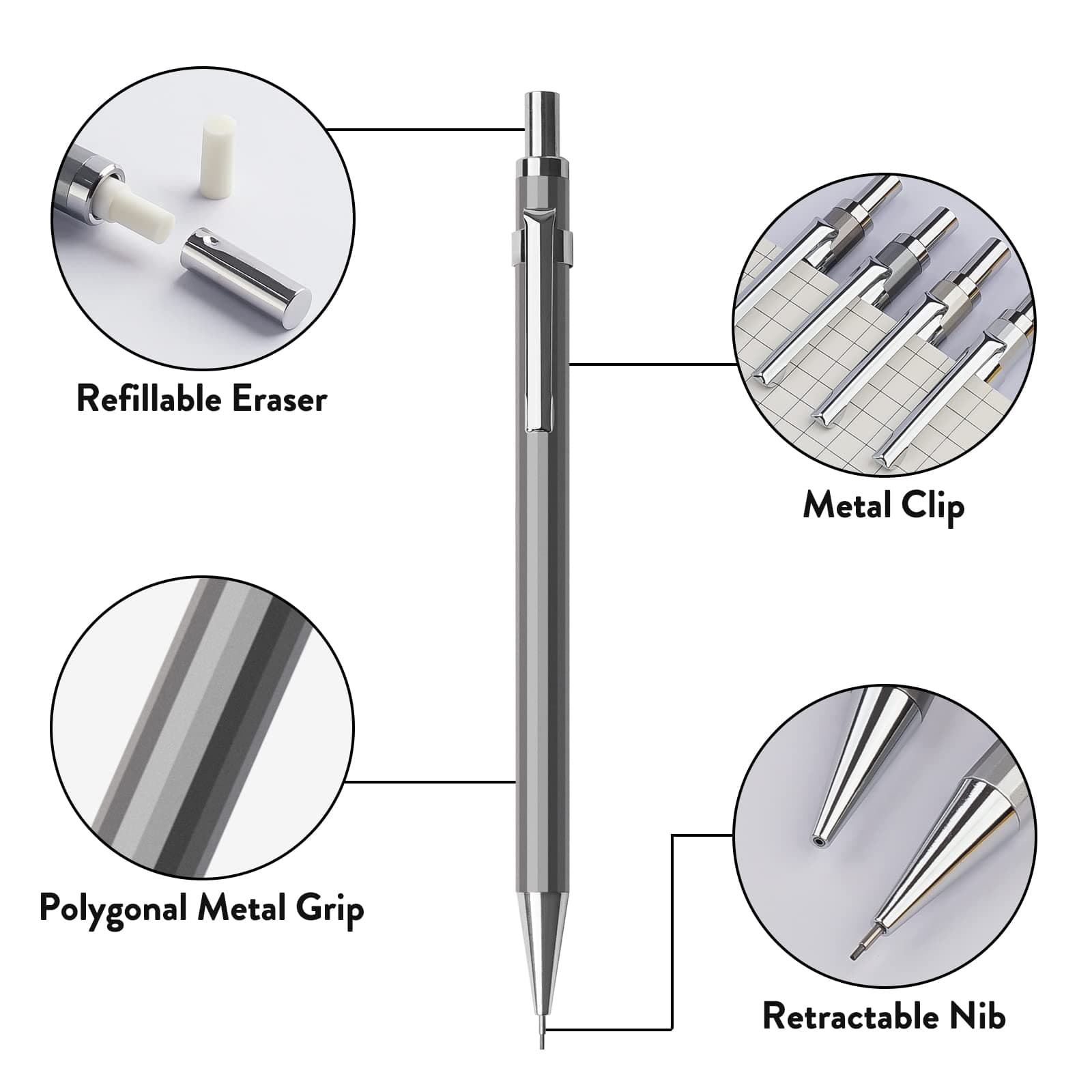 Four Candies 0.7mm Mechanical Pencil Set with Case - 4PCS Metal Mechanical Pencils, 8 Tubes HB #2 Lead Refills, 3PCS 4B Erasers and 9PCS Eraser Refills, Lead Mechanical Pencils for Writing & Drawing