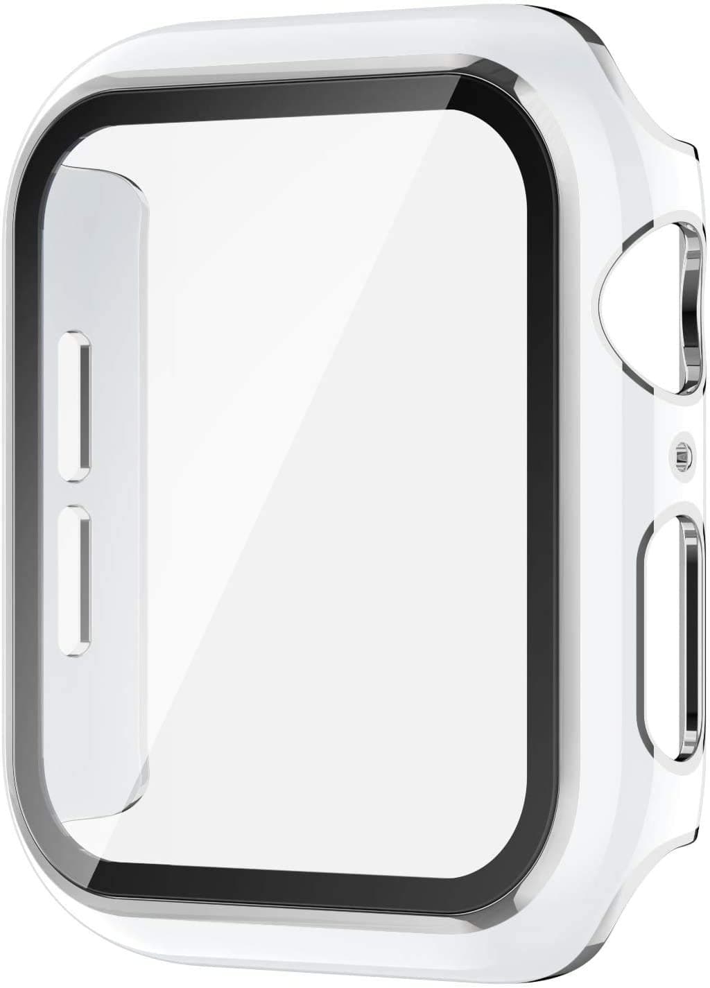 OJOS Bumper Case Compatible with Apple Watch 44mm Series 8, Series 6, Series 5, Series, Series se, Built-in Tempered Glass Screen Protector (White/Silver)