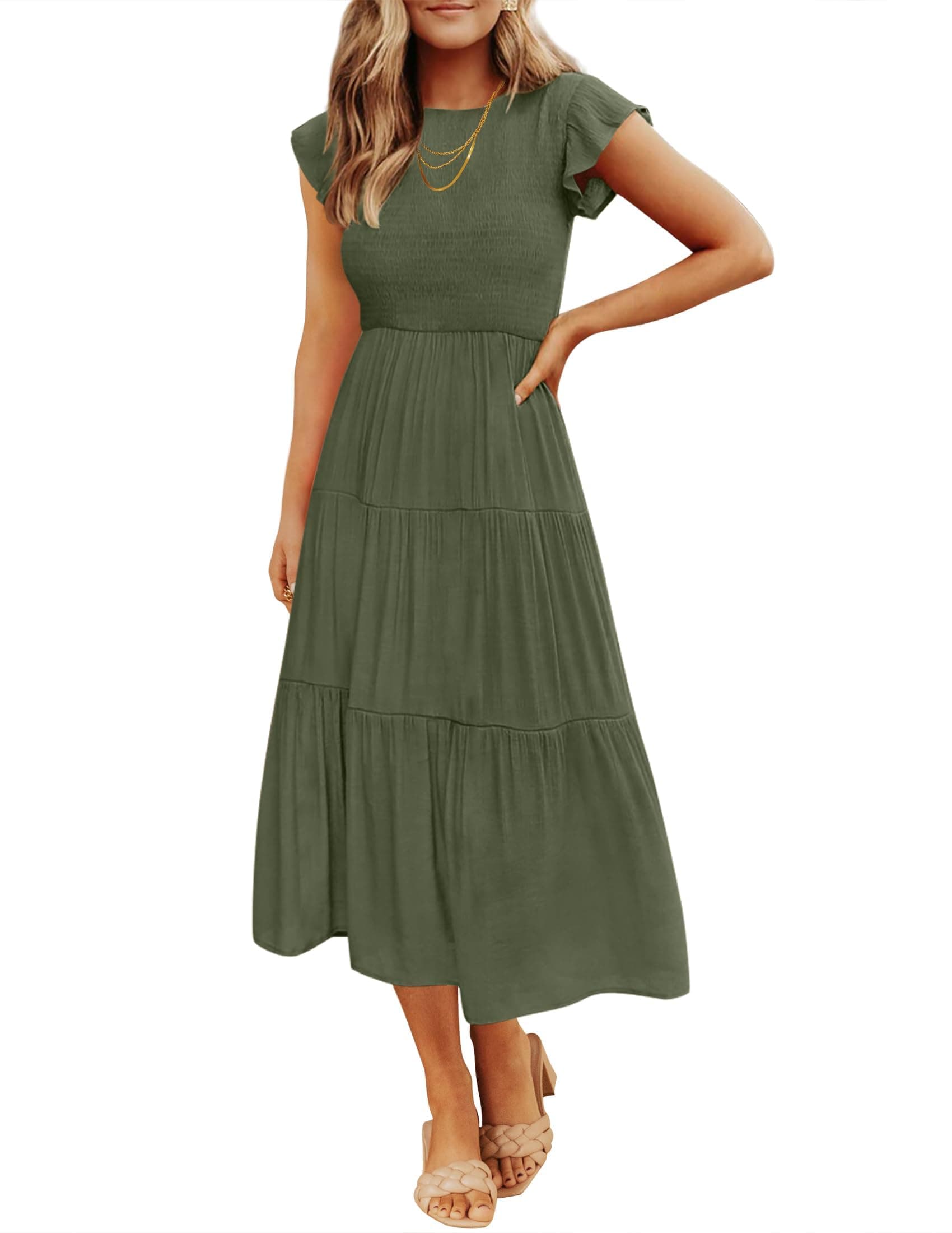 Women's 2026 Summer Casual Flutter Short Sleeve Crew Neck Smocked Elastic Waist Tiered Midi Dress