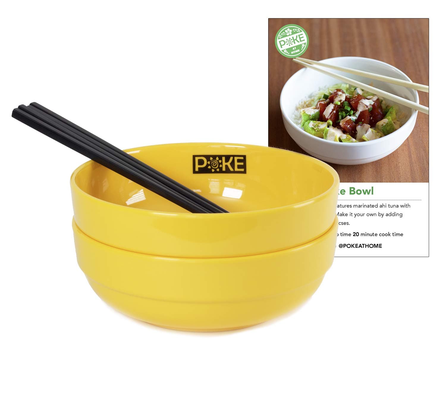 Yellow Poke Bowl Kit : 2 Bowls 4 Chopsticks and Poke Recipe Card