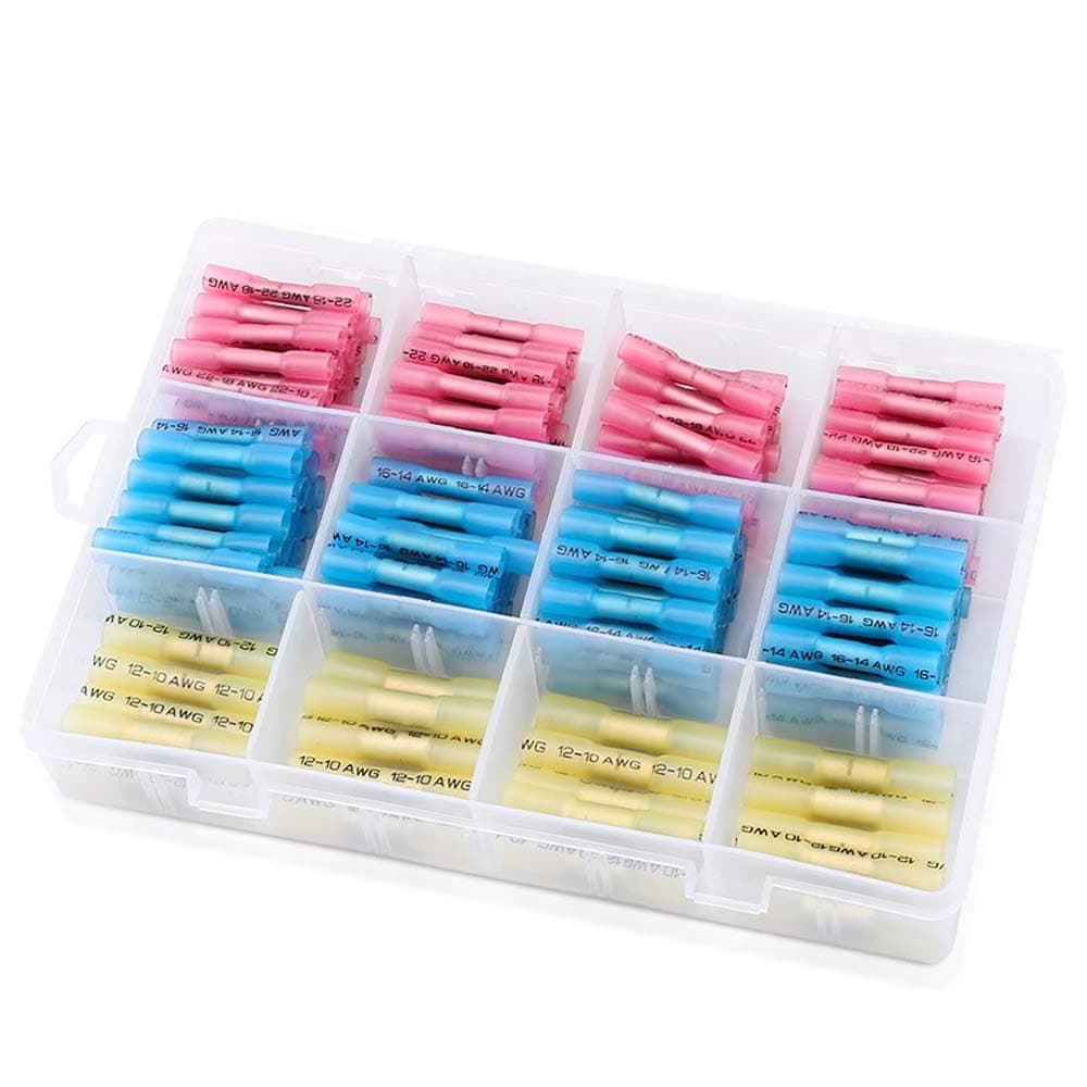 200PCS Heat Shrink Connectors Kit, Insulated Waterproof Electrical Marine Automotive Wire Crimp Terminals, Butt Splice (3 Colors / 3 Sizes)