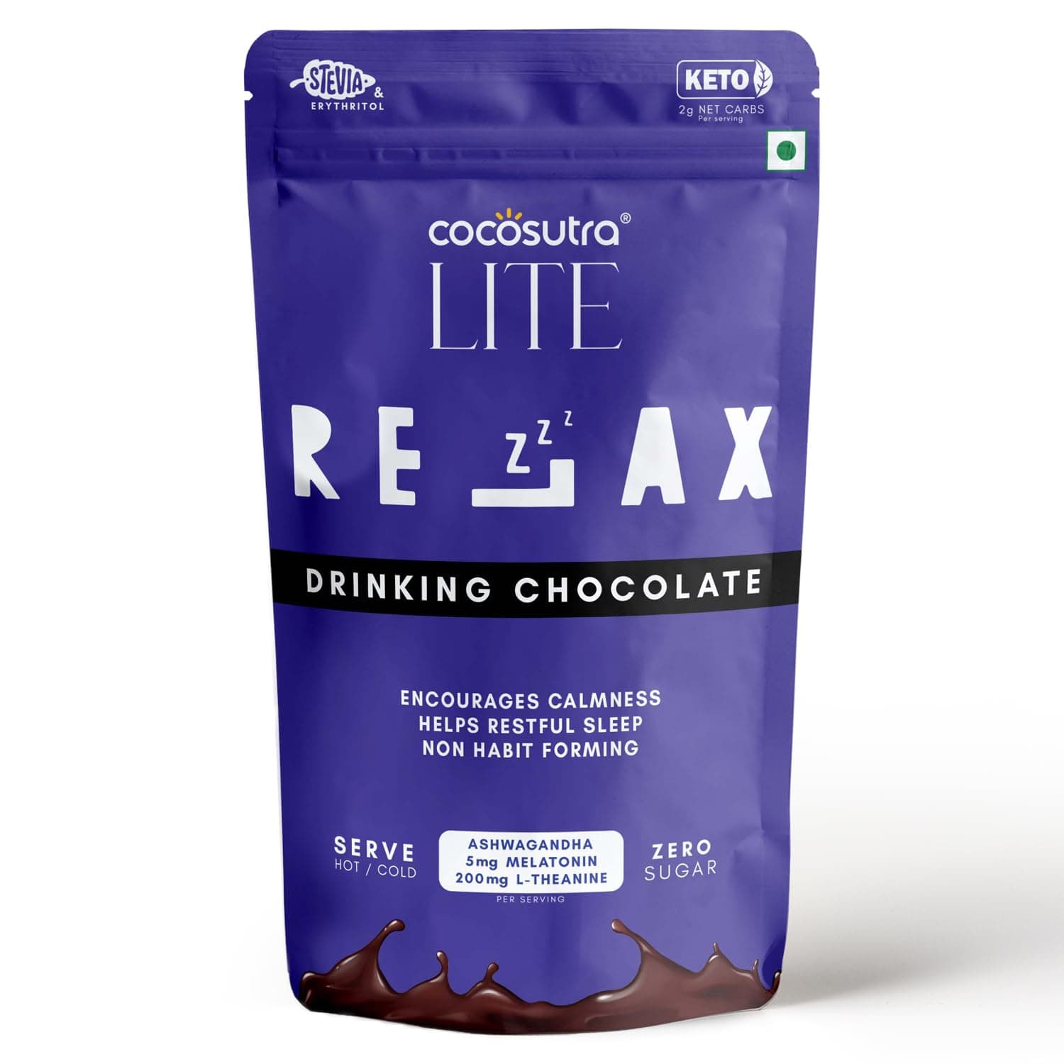 Cocosutra RELAX Sugar-Free Drinking Chocolate with Melatonin & Ashwagandha | Sleep Aid | Non-Habit Forming | Keto Friendly | Ages 14+ | 200g | 10 Servings