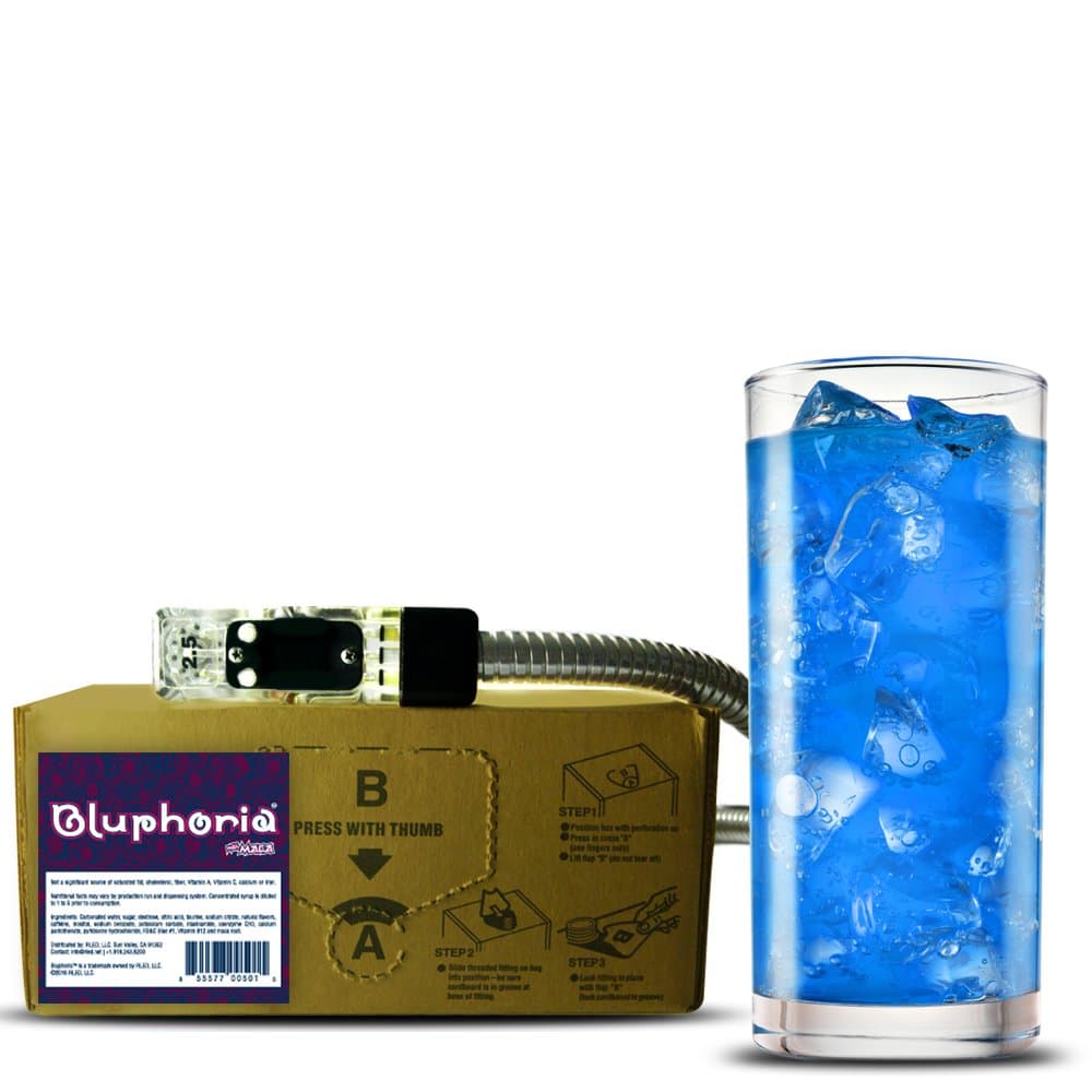 Bluphoria energy drink (1 Gallon Bag-in-Box Syrup Concentrate) - Box Pours 6 Gallons of Blue-Raspberry Energy Drink - Use with Bar Gun, Soda Fountain or Home Beverage System
