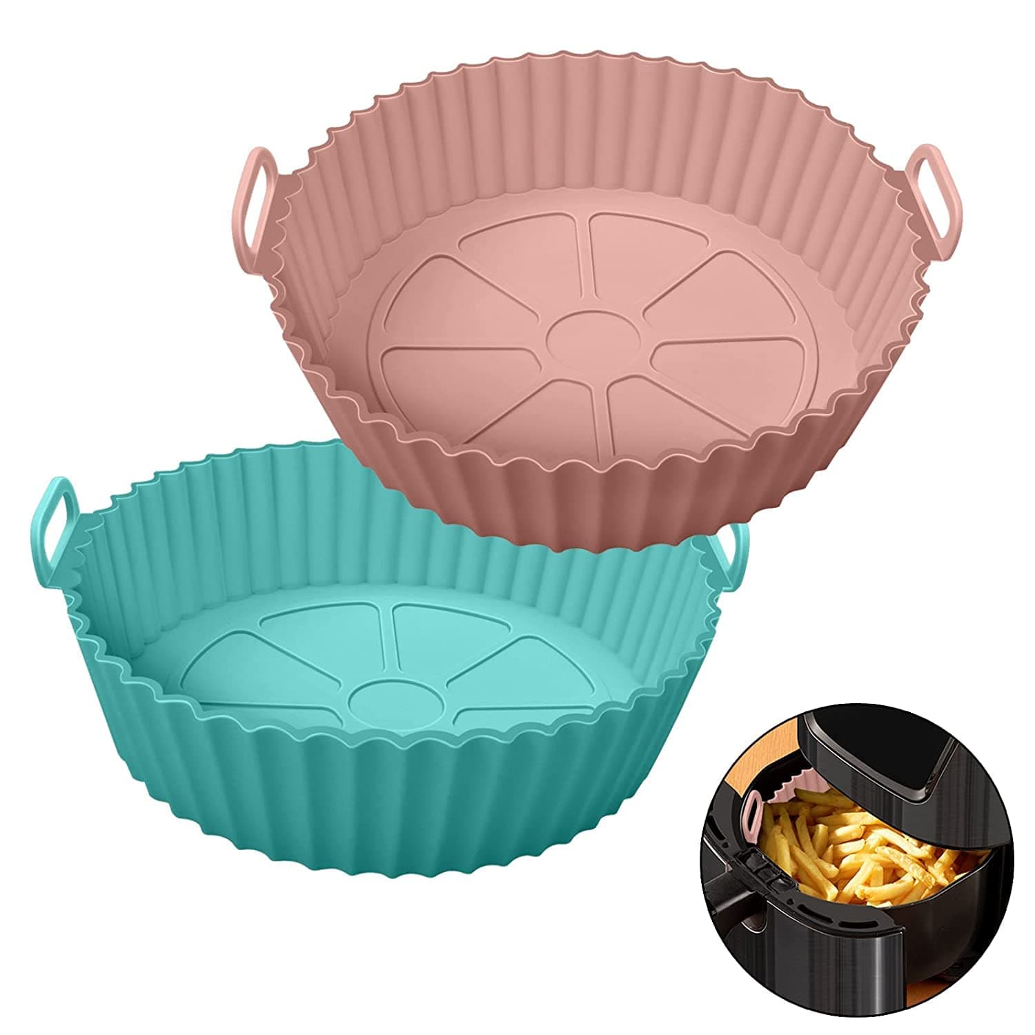 Xacton Air Fryer Liners I Round Silicone Basket Baking Tray I Pot with Ear Handles I Nonstick Reusable Heat Resistant I Cooking Oven Insert Accessories - Multicolor (8 inch Pack of 2)