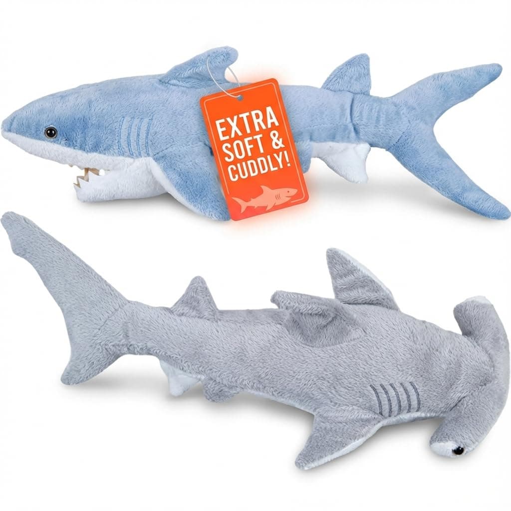 Bedwina Mako & Hammerhead Shark Plush Stuffed Animal Toys - Pack of 2, 35cm (14in) & 33cm (13in), Kids' Toys, Ages 3+