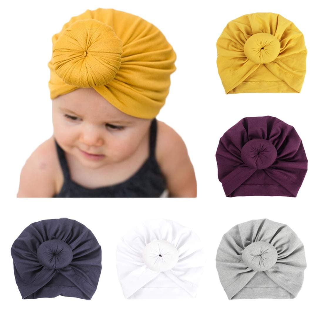 LHTHZHY Baby Girl Hat, Newborn Girl Hat, Infant Turban Baby Turban Headwraps,Bow Rabbit Cap, A-5pcs-gray&white&yellow&gray&purple, Medium