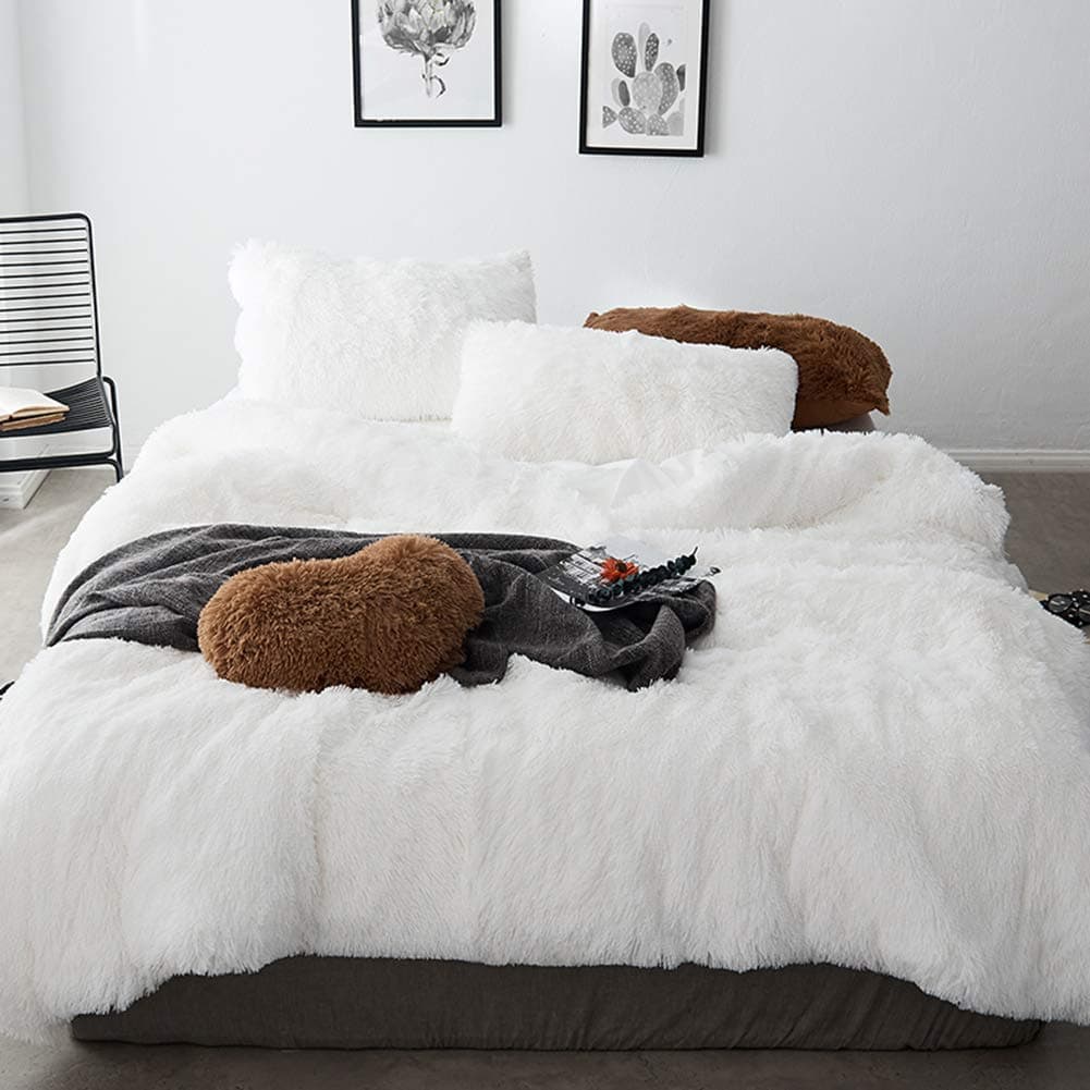 MorroMorn 5 PCS Shaggy Duvet Cover Bedding Set - Long Faux Fur Luxury Ultra Soft Cozy (White, King/California King)