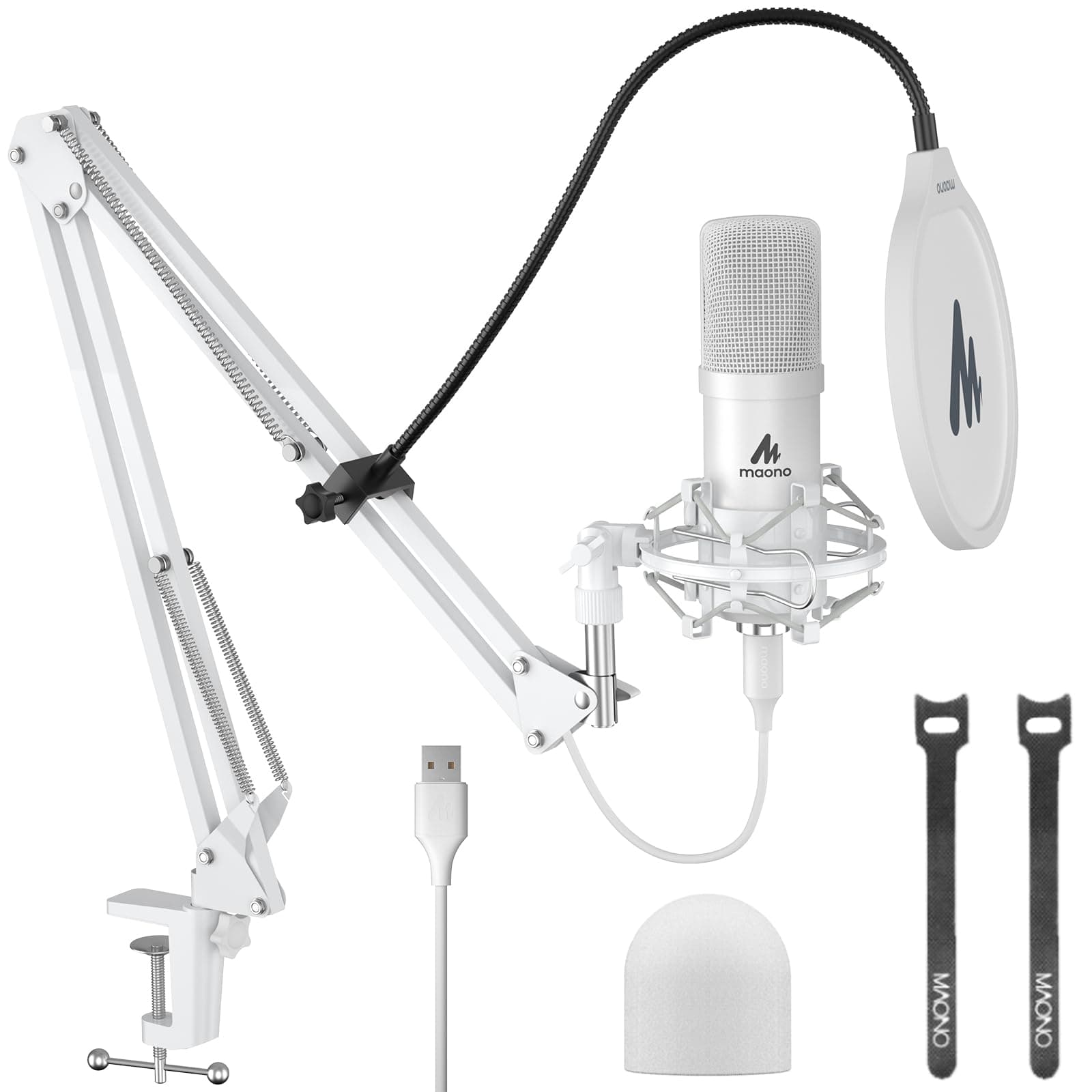 MAONO USB Microphone 192kHz/24bit Plug and Play PC Computer Podcast Condenser Cardioid Metal Microphone Kit with Professional Sound Chipset Recording Game Song YouTube AU-A04 White