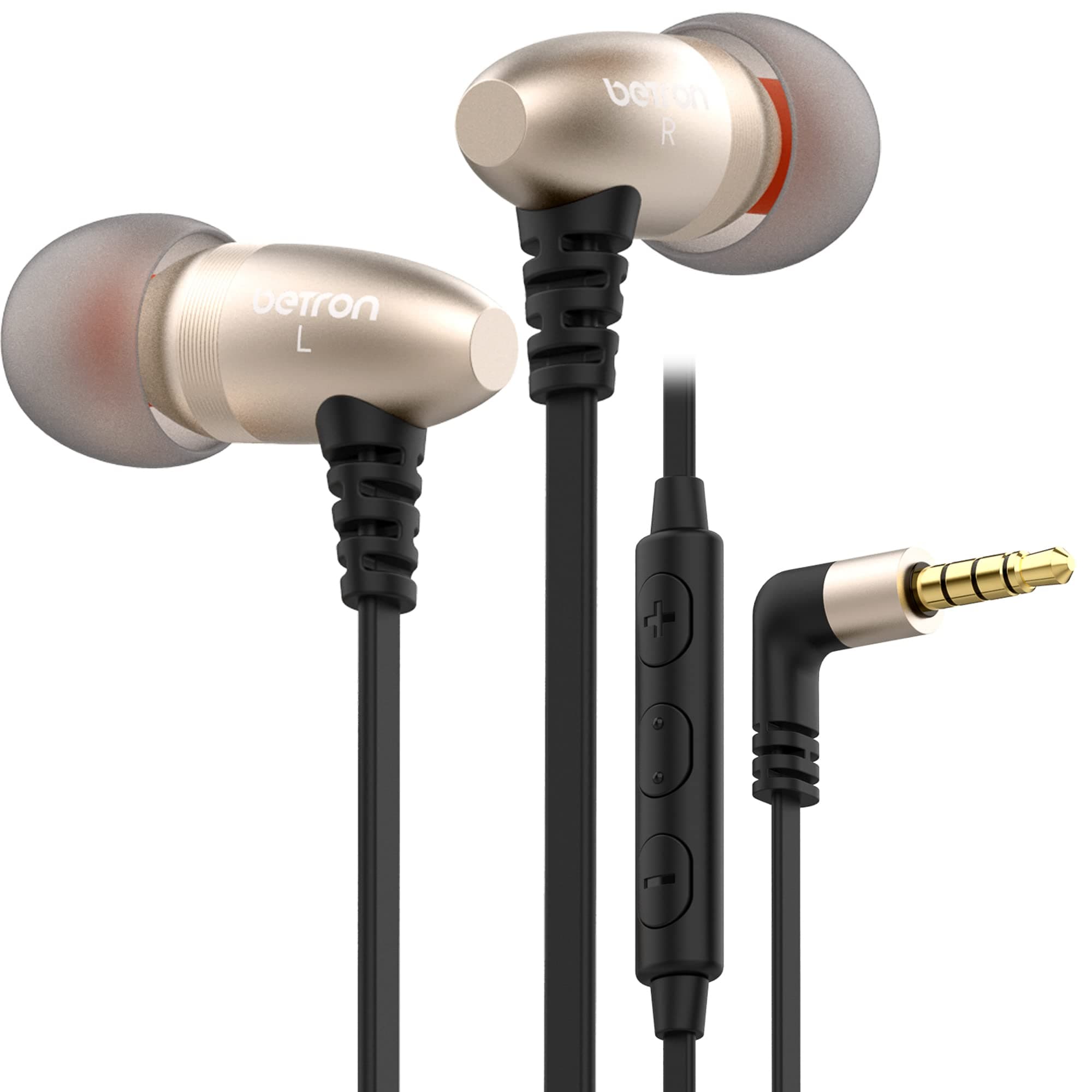 Betron W58 Noise Isolating Headphone, In Ear Earphones With Mic and Volume Control, Balanced Bass Driven Sound, Includes Carry Case and Various Size Earbuds Gold