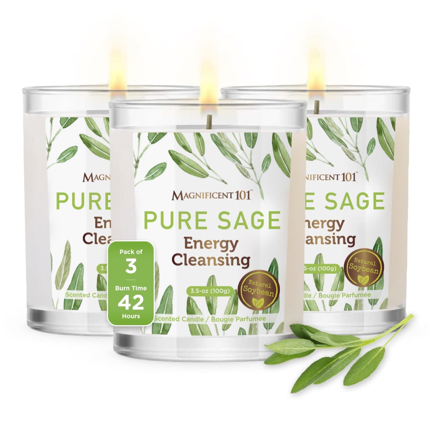 Magnificent 101 Pure Sage Smudge Candles - Set of 3 for House Energy Cleansing, Aromatherapy, Meditation, Manifestation, and Banishing Negative Energy | 3.5 oz each Natural Soy Wax | 42-Hour Burn Time